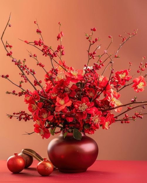 Elegantes arreglos florales rojos y dorados del Año Nuevo Lunar bellamente exhibidos contra un suave gradiente
