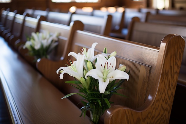 Elegantes bancos de madera adornados con lirios blancos