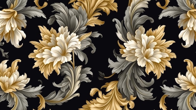 Elegantes Barockmuster mit Blumen und goldenem Element Generative KI