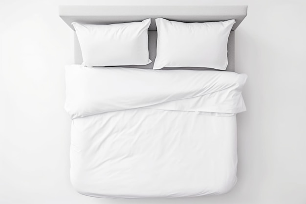 Elegantes Bett mit weicher Bettdecke und Kissen auf weißem Hintergrund, Draufsicht