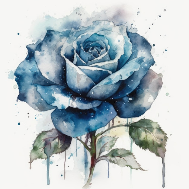 Elegantes blaues Rosen-Aquarell auf weißem Hintergrund