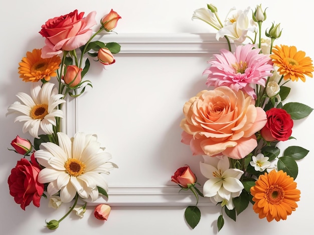 Elegantes Blumenarrangement Rahmen aus Rosenlilie und Gerbera-Blüten auf weißem Hintergrund