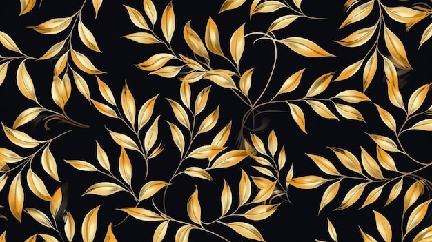 Elegantes Blumenmuster mit braunen und goldenen Blättern auf schwarzem Hintergrund. Generative KI