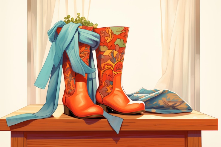 Foto elegantes botas de cuero con una bufanda de seda de lujo