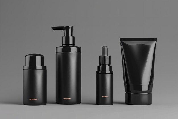 Elegantes botellas de cosméticos negras sobre un fondo neutral