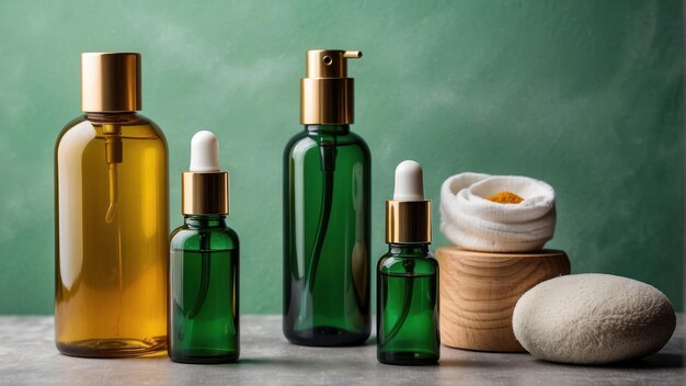 Foto elegantes botellas y frascos verdes para el cuidado de la piel sobre un fondo neutral