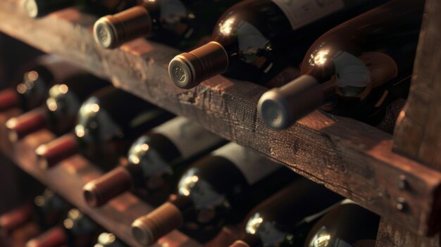 Foto elegantes botellas de vino almacenadas en un estante de madera de la bodega que se enfrían a la luz suave