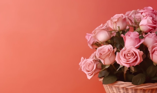 Elegantes Bouquet aus rosa Rosen auf einem weichen pastellfarbenen Hintergrund Zarte Blütenblätter und schlanke Stängel erstellt mit generativen KI-Tools