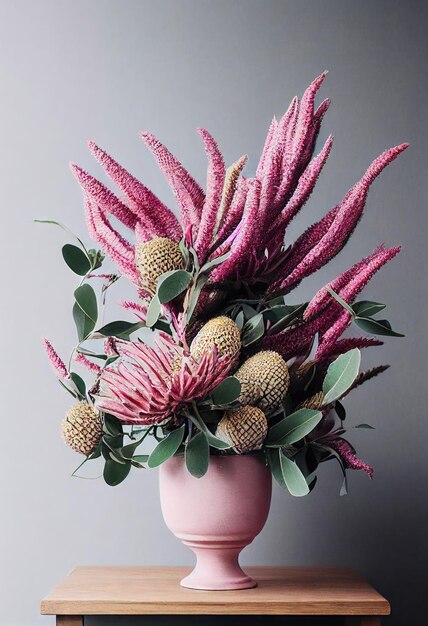 Elegantes buquês de flores secas com panículas em vaso na mesa