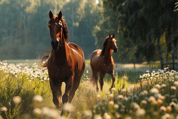 Elegantes caballos troteando por un sendero