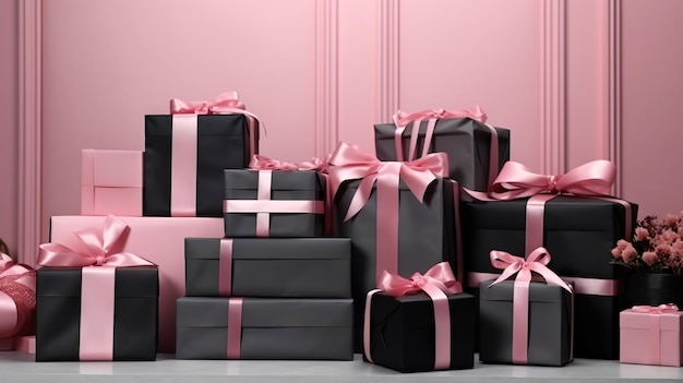 Elegantes cajas de regalo femeninas en negro y rosa sobre fondo rosa Concepto de venta del Viernes Negro IA generativa