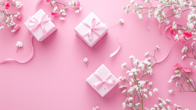 Elegantes cajas de regalo rosadas con flores blancas para ocasiones especiales y celebraciones