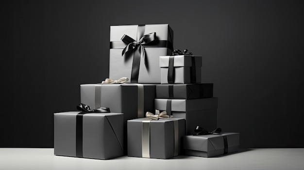 Elegantes cajas de regalos monocromáticas en un podio