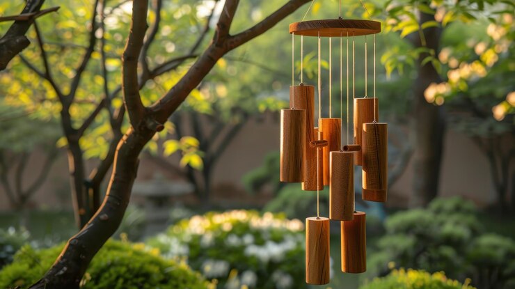 Elegantes campanas de viento de madera colgando en un jardín exuberante añadiendo un toque de tranquilidad y encanto