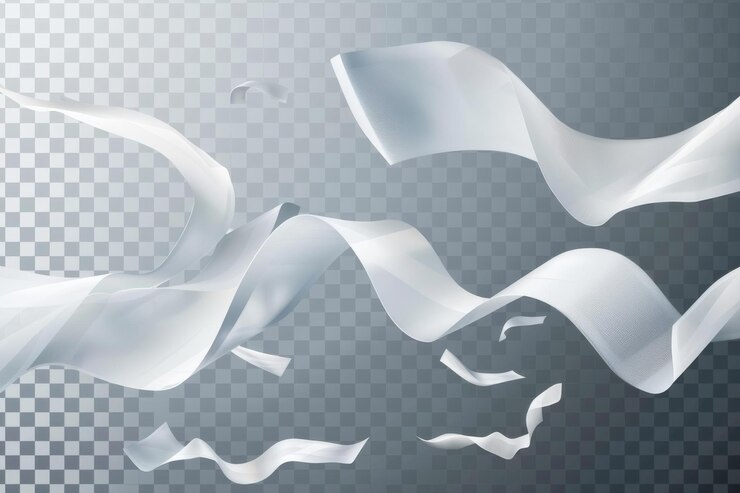 Elegantes cintas blancas que flotan etéreamente sobre un fondo gris a rayas creando un efecto visual sereno y delicado