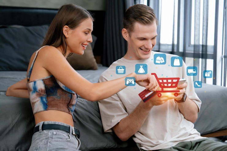 Foto elegantes clientes femeninos y masculinos usan tarjetas de crédito para comprar inventario cybercash