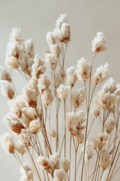 Foto elegantes colas de conejo blancas secas contra un telón de fondo neutral