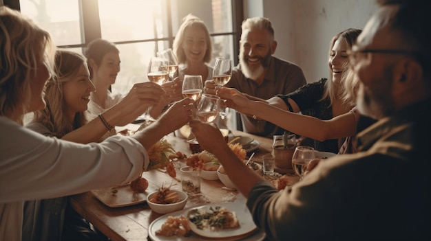 Elegantes comensales animando y divirtiéndose durante una cena diurna rodeados de IA generativa