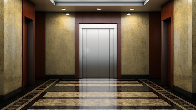 Elegantes y contemporáneas las puertas cerradas de un ascensor moderno en el vestíbulo de un edificio IA generativa
