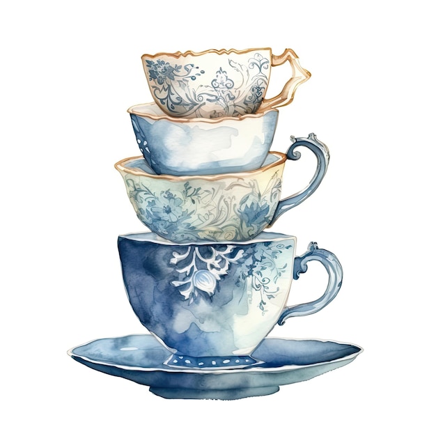 elegantes copos de porcelana em cima um do outro ilustração de aquarela em fundo branco