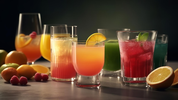 Elegantes coquetéis frescos e bebidas de suco com frutas em um fundo preto Al