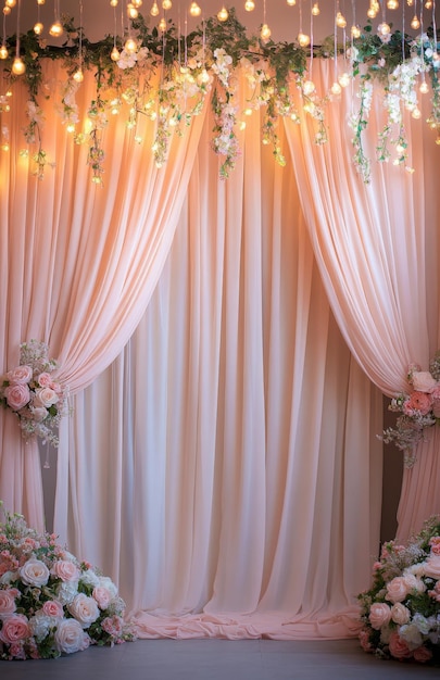 Elegantes cortinas drapeadas en suaves tonos de rubor con delicadas luces de hadas colgando por encima y flores alineando los bordes perfectas para una escena de boda