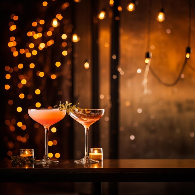 Elegantes Coupe-Glas mit rosa-orange Cocktail mit Weihnachtskränze mit goldenen Lichtern in der Dunkelheit