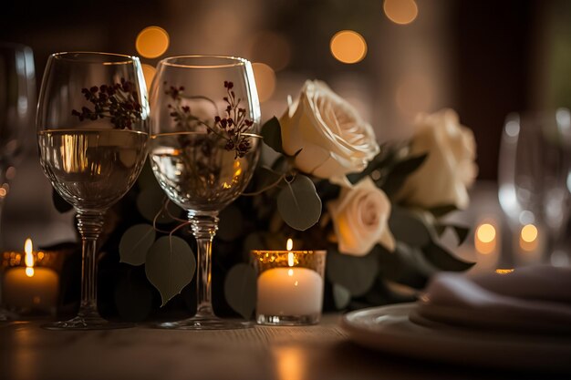 Elegantes decoraciones de mesa con copas de vino y flores para bodas y aniversarios