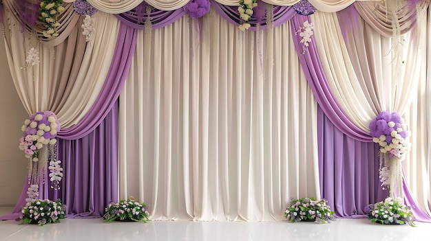 Foto elegantes decoraciones para la recepción de la boda el telón de fondo está decorado con flores blancas y púrpuras