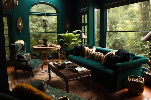 Elegantes Design des Wohnzimmerinnenraums mit Fenster mit Blick auf den Regenwald