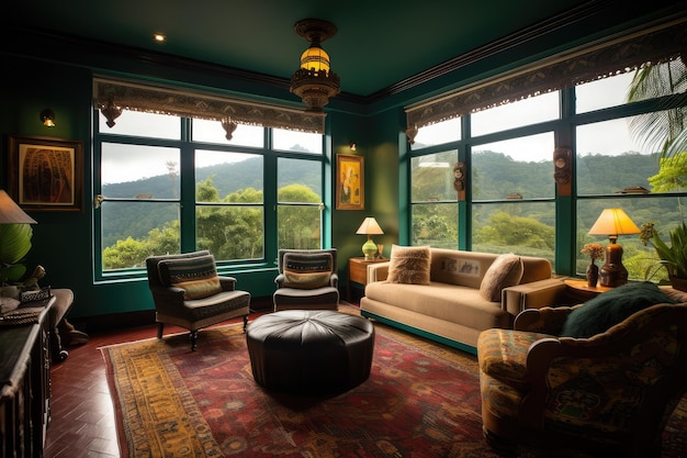 Elegantes Design des Wohnzimmerinnenraums mit Fenster mit Blick auf den Regenwald