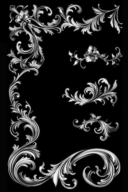 Foto elegantes diseños florales plateados sobre un dramático fondo negro perfectos para añadir un toque de sofisticación a cualquier proyecto