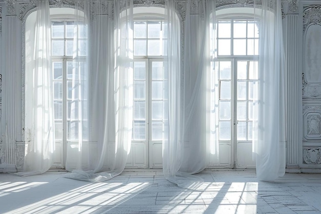 Elegantes Fenster mit weißen Vorhängen an einer weißen Wand