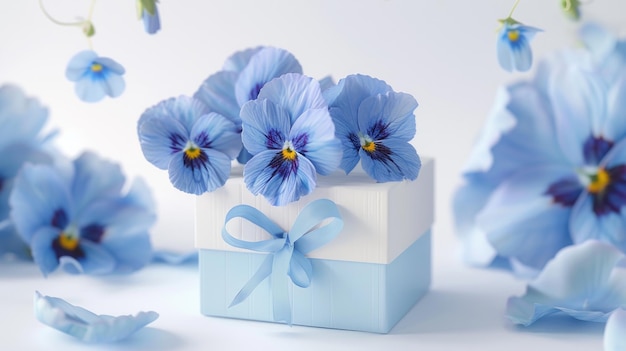 Elegantes flores azuis adornam uma caixa de presentes com um laço