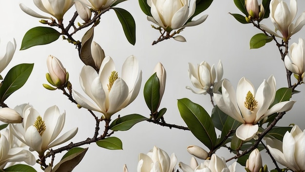 Elegantes flores blancas de magnolia en las ramas