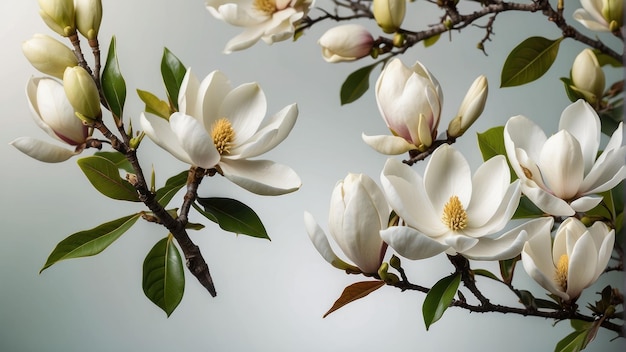 Elegantes flores brancas de magnólia em galhos