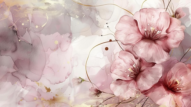 Elegantes flores de flores douradas ilustração adequada para impressões de tecido cobre uma floral de primavera em aquarela fundo moderno design de papel de parede de luxo com flores rosas arte de linha textura dourada