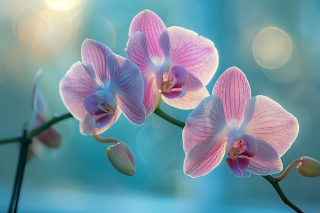 Elegantes flores de orquídea rosa contra Bokeh azul suave Fundo para conceitos de natureza serena