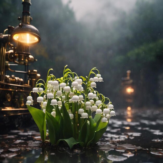 Elegantes flores de lirio de los valles adornadas con gotas de lluvia