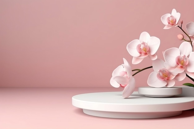 Elegantes flores de orquídea en un pedestal de fondo 3D con IA generativa