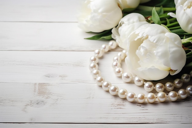 Elegantes flores de peonía blanca adornadas con joyas de perlas sobre un fondo de madera blanco creado con Gen