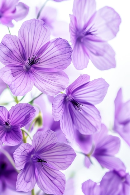 Elegantes flores púrpuras en plena floración contra un suave fondo blanco