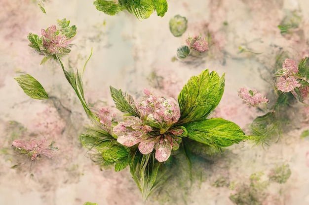 Elegantes flores y ramas de color rosa suave sobre un fondo claro Decoración floral vintage para una postal Ilustración 3d de planta de fantasía