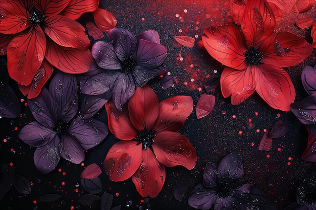 Elegantes flores rojas y púrpuras sobre un fondo oscuro