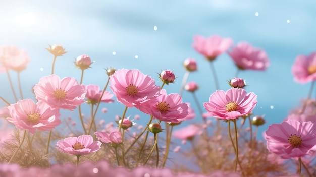 Elegantes flores rosadas Campo de delicadas flores rosadas en medio de un fondo suavemente borroso que cautiva la belleza de la naturaleza