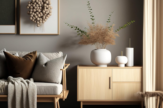 Elegantes flores de sofá de cubo con cómoda de madera en un jarrón y atractivos accesorios personales se presentan en este diseño de una sala de estar de una casa escandinava que presenta una plantilla japonesa de hogar hoy