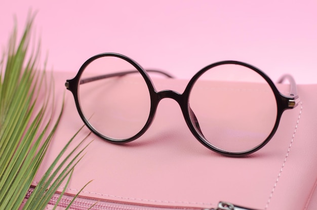 Elegantes gafas redondas sobre un fondo rosa con hojas de palma