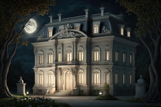 Elegantes Gebäude aus weißem Stein, alte Herrenhausfassade eines klassischen Hauses bei Nacht