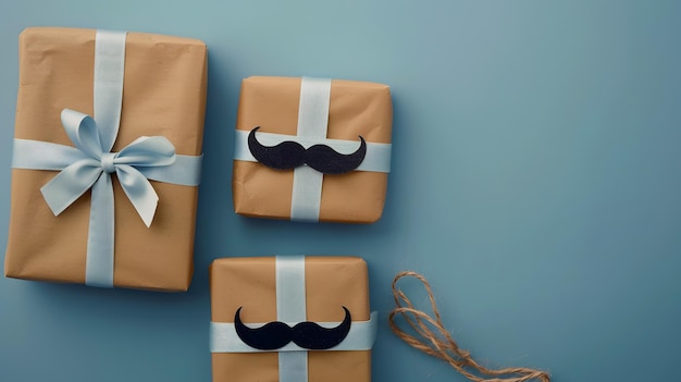 Elegantes Geschenk mit einem Schnurrbart-Emblem und einem blauen Band auf blauem Hintergrund