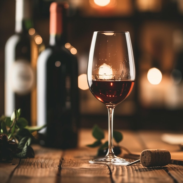 Elegantes Glas Rotwein mit Flaschen und Korkenzieher auf einem rustikalen Tisch Ideal zum Essen und Weinproben